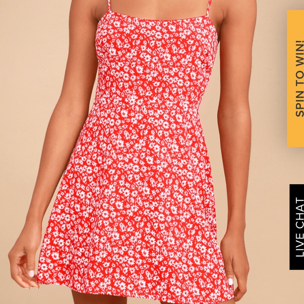 RED FLORAL PRINT TIE-BACK SKATER DRESS LULUS